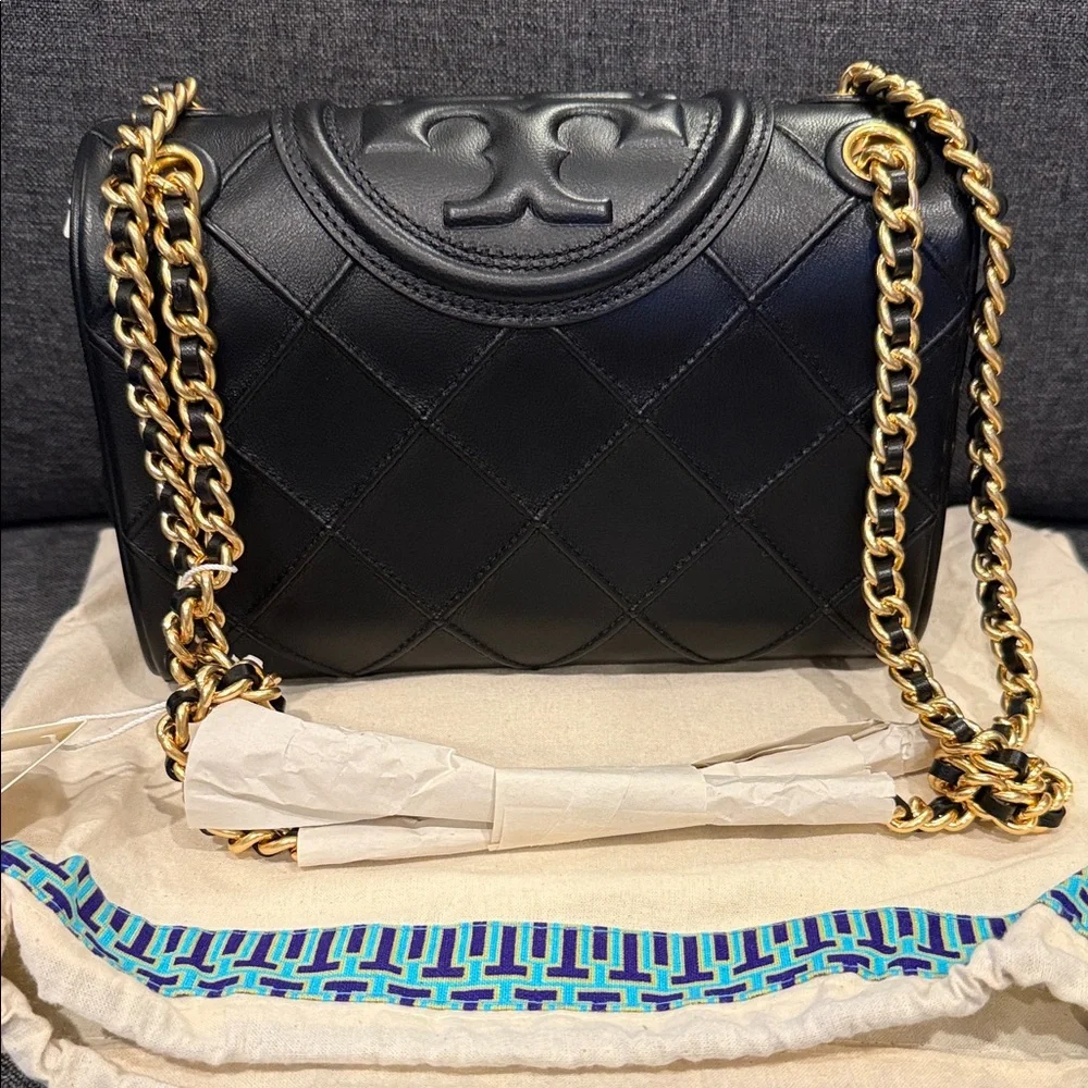 Tory Burch Black Quilted Bag with Gold Chain